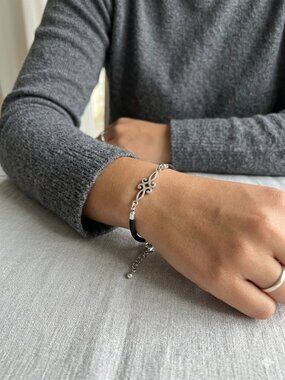 Silver Filigree & Black Silk Cord Artisan Bracelet - Boho Minimalist